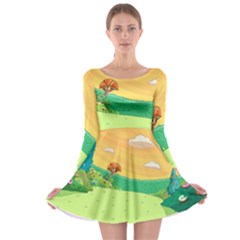 Green Field Illustration Adventure Time Multi Colored Long Sleeve Skater Dress