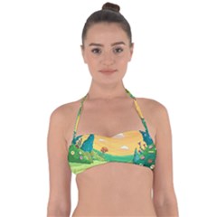 Green Field Illustration Adventure Time Multi Colored Tie Back Bikini Top