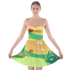 Green Field Illustration Adventure Time Multi Colored Strapless Bra Top Dress