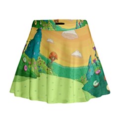 Green Field Illustration Adventure Time Multi Colored Mini Flare Skirt