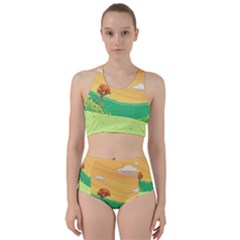 Green Field Illustration Adventure Time Multi Colored Racer Back Bikini Set