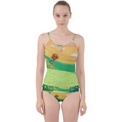 Green Field Illustration Adventure Time Multi Colored Cut Out Top Tankini Set by Sarkoni