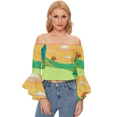 Green Field Illustration Adventure Time Multi Colored Off Shoulder Flutter Bell Sleeve Top by Sarkoni