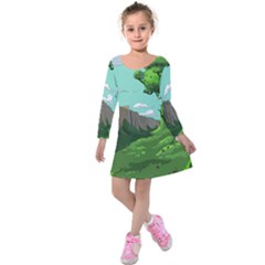 Adventure Time Cartoon Green Color Nature  Sky Kids  Long Sleeve Velvet Dress by Sarkoni