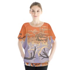 Adventure Time Cartoon Landscape Trees Batwing Chiffon Blouse