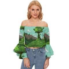 Adventure Time Cartoon Green Color Nature  Sky Off Shoulder Flutter Bell Sleeve Top by Sarkoni