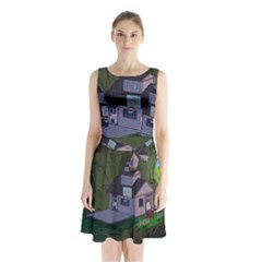 Purple House Cartoon Character Adventure Time Architecture Sleeveless Waist Tie Chiffon Dress