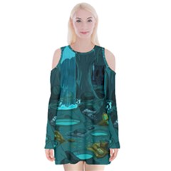 Waterfalls Wallpaper Adventure Time Velvet Long Sleeve Shoulder Cutout Dress by Sarkoni