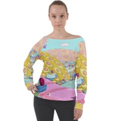 Pillows And Vegetable Field Illustration Adventure Time Cartoon Off Shoulder Long Sleeve Velour Top by Sarkoni