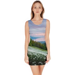 Field Of White Petaled Flowers Nature Landscape Bodycon Dress