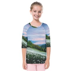 Field Of White Petaled Flowers Nature Landscape Kids  Quarter Sleeve Raglan T-Shirt