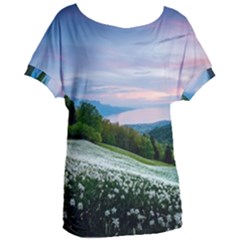 Field Of White Petaled Flowers Nature Landscape Women s Oversized T-Shirt