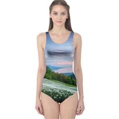 Field Of White Petaled Flowers Nature Landscape One Piece Swimsuit