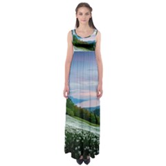 Field Of White Petaled Flowers Nature Landscape Empire Waist Maxi Dress