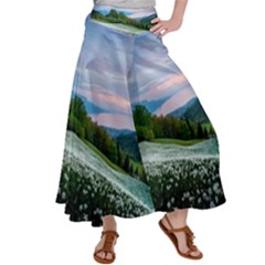 Field Of White Petaled Flowers Nature Landscape Women s Satin Palazzo Pants