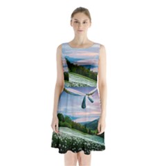 Field Of White Petaled Flowers Nature Landscape Sleeveless Waist Tie Chiffon Dress