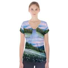 Field Of White Petaled Flowers Nature Landscape Short Sleeve Front Detail Top by Sarkoni