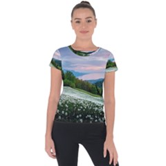 Field Of White Petaled Flowers Nature Landscape Short Sleeve Sports Top 