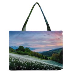 Field Of White Petaled Flowers Nature Landscape Zipper Medium Tote Bag