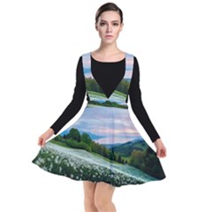 Field Of White Petaled Flowers Nature Landscape Plunge Pinafore Dress