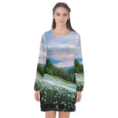 Field Of White Petaled Flowers Nature Landscape Long Sleeve Chiffon Shift Dress 