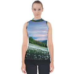 Field Of White Petaled Flowers Nature Landscape Mock Neck Shell Top