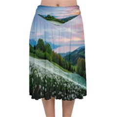 Field Of White Petaled Flowers Nature Landscape Velvet Flared Midi Skirt