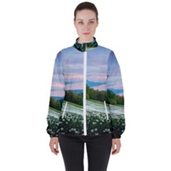 Field Of White Petaled Flowers Nature Landscape Women s High Neck Windbreaker