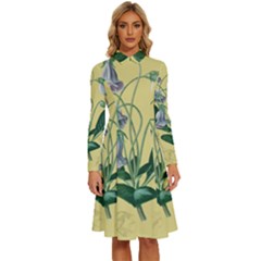 Botanical Plants Green Long Sleeve Shirt Collar A-line Dress by Sarkoni