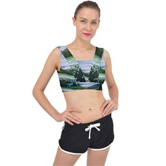 Field Of White Petaled Flowers Nature Landscape V-Back Sports Bra