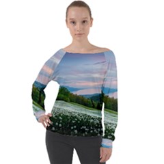 Field Of White Petaled Flowers Nature Landscape Off Shoulder Long Sleeve Velour Top