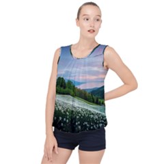 Field Of White Petaled Flowers Nature Landscape Bubble Hem Chiffon Tank Top