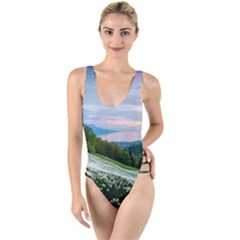 Field Of White Petaled Flowers Nature Landscape High Leg Strappy Swimsuit
