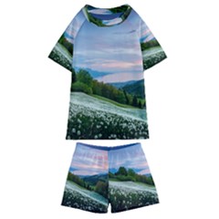 Field Of White Petaled Flowers Nature Landscape Kids  Swim T-Shirt and Shorts Set