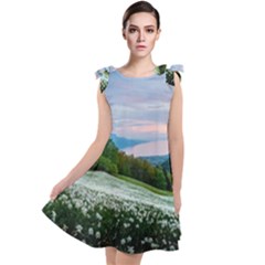 Field Of White Petaled Flowers Nature Landscape Tie Up Tunic Dress