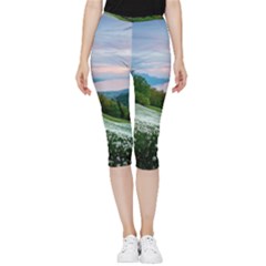 Field Of White Petaled Flowers Nature Landscape Inside Out Lightweight Velour Capri Leggings 