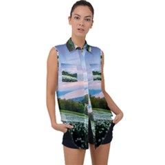 Field Of White Petaled Flowers Nature Landscape Sleeveless Chiffon Button Shirt