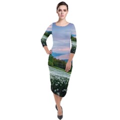 Field Of White Petaled Flowers Nature Landscape Quarter Sleeve Midi Velour Bodycon Dress