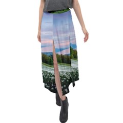 Field Of White Petaled Flowers Nature Landscape Velour Split Maxi Skirt