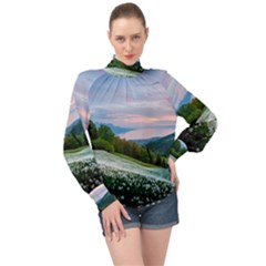 Field Of White Petaled Flowers Nature Landscape High Neck Long Sleeve Chiffon Top