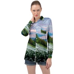 Field Of White Petaled Flowers Nature Landscape Long Sleeve Satin Shirt