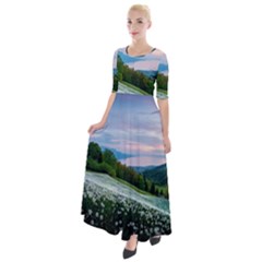 Field Of White Petaled Flowers Nature Landscape Half Sleeves Maxi Dress