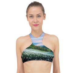 Field Of White Petaled Flowers Nature Landscape High Neck Bikini Top