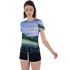 Field Of White Petaled Flowers Nature Landscape Back Circle Cutout Sports T-Shirt