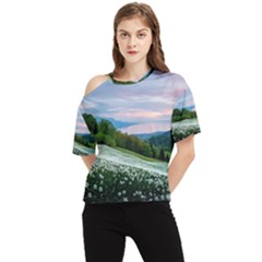 Field Of White Petaled Flowers Nature Landscape One Shoulder Cut Out T-Shirt
