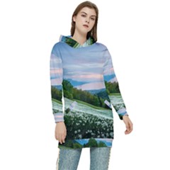 Field Of White Petaled Flowers Nature Landscape Women s Long Oversized Pullover Hoodie