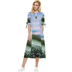 Field Of White Petaled Flowers Nature Landscape Bow Sleeve Chiffon Midi Dress