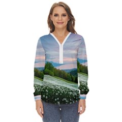 Field Of White Petaled Flowers Nature Landscape Zip Up Long Sleeve Blouse