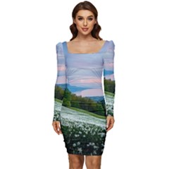 Field Of White Petaled Flowers Nature Landscape Women Long Sleeve Ruched Stretch Jersey Dress