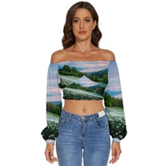 Field Of White Petaled Flowers Nature Landscape Long Sleeve Crinkled Weave Crop Top